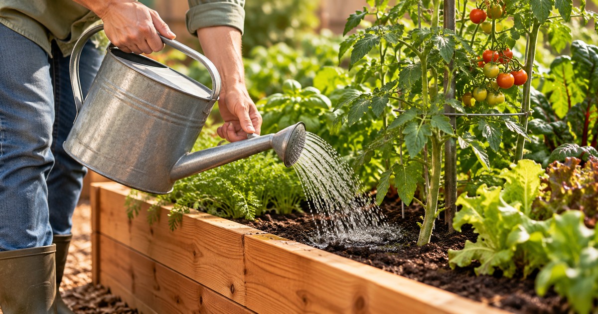 A gardener's realistic hands gently watering the soil near vegetable roots in a cedar raised bed with a metal watering can