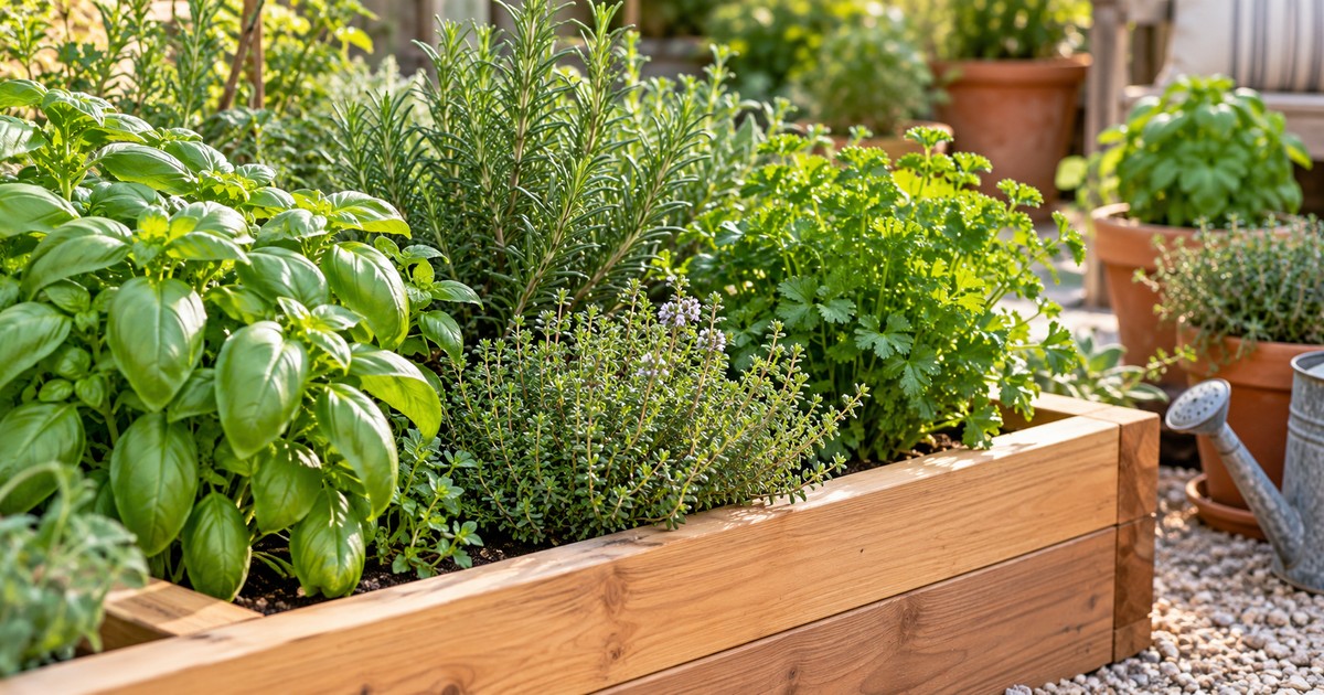 Close-up small raised herb garden with distinct basil rosemary thyme and parsley plants