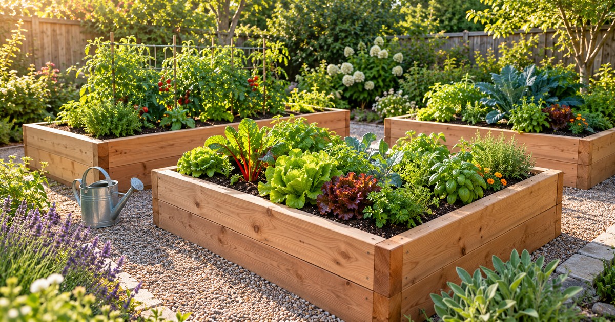 Cedar raised beds filled with healthy vegetables and herbs